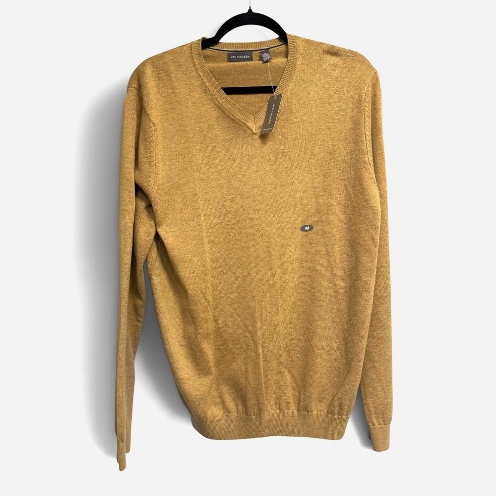 Van Heusen Mens V-Neck Sweater Camel Tan Heather Cotton Blend Pullover Medium